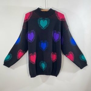 Vintage 80s 90s Heart Sweater Long Slouchy Colorful Valentine Small Pink Teal